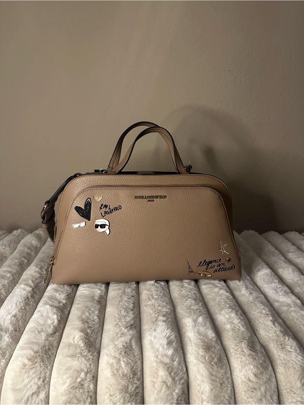 Karl Lagerfeld Taupe Pebble Leather Satchel with Graphic Accents